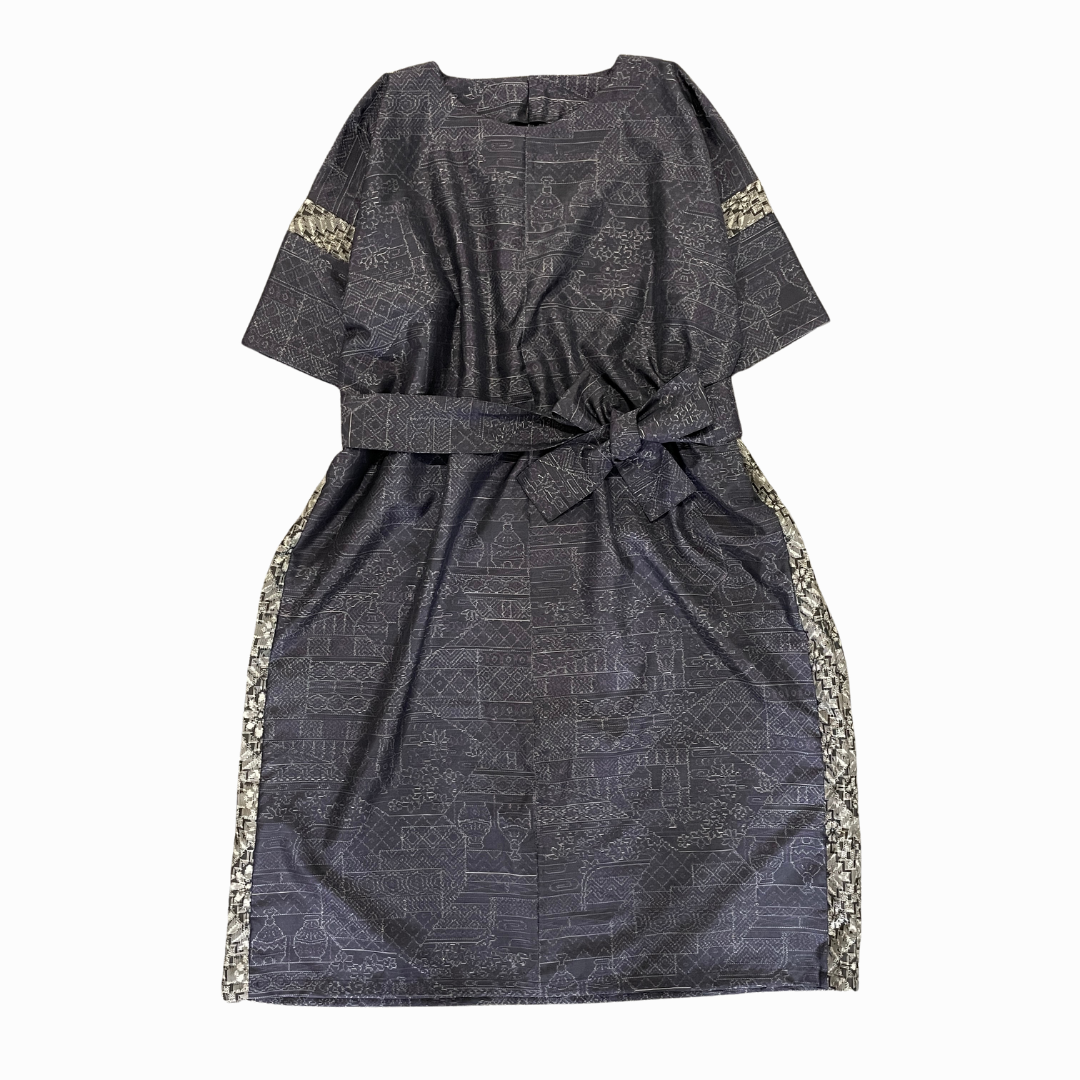 大島紬を使用した群青色のワンピース K188