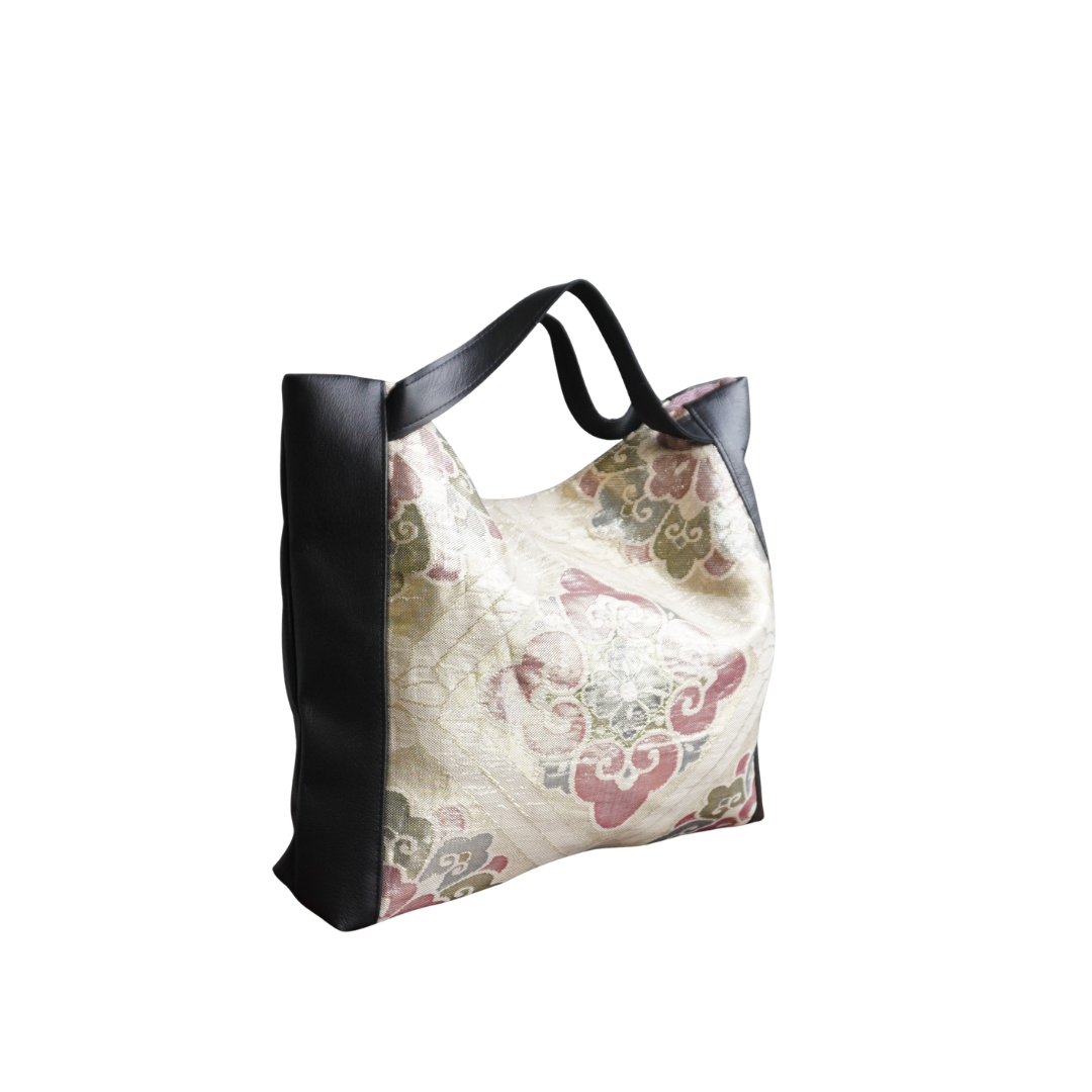 着物と本革使用　着物リメイクトートバッグ　レザーバッグ　K034