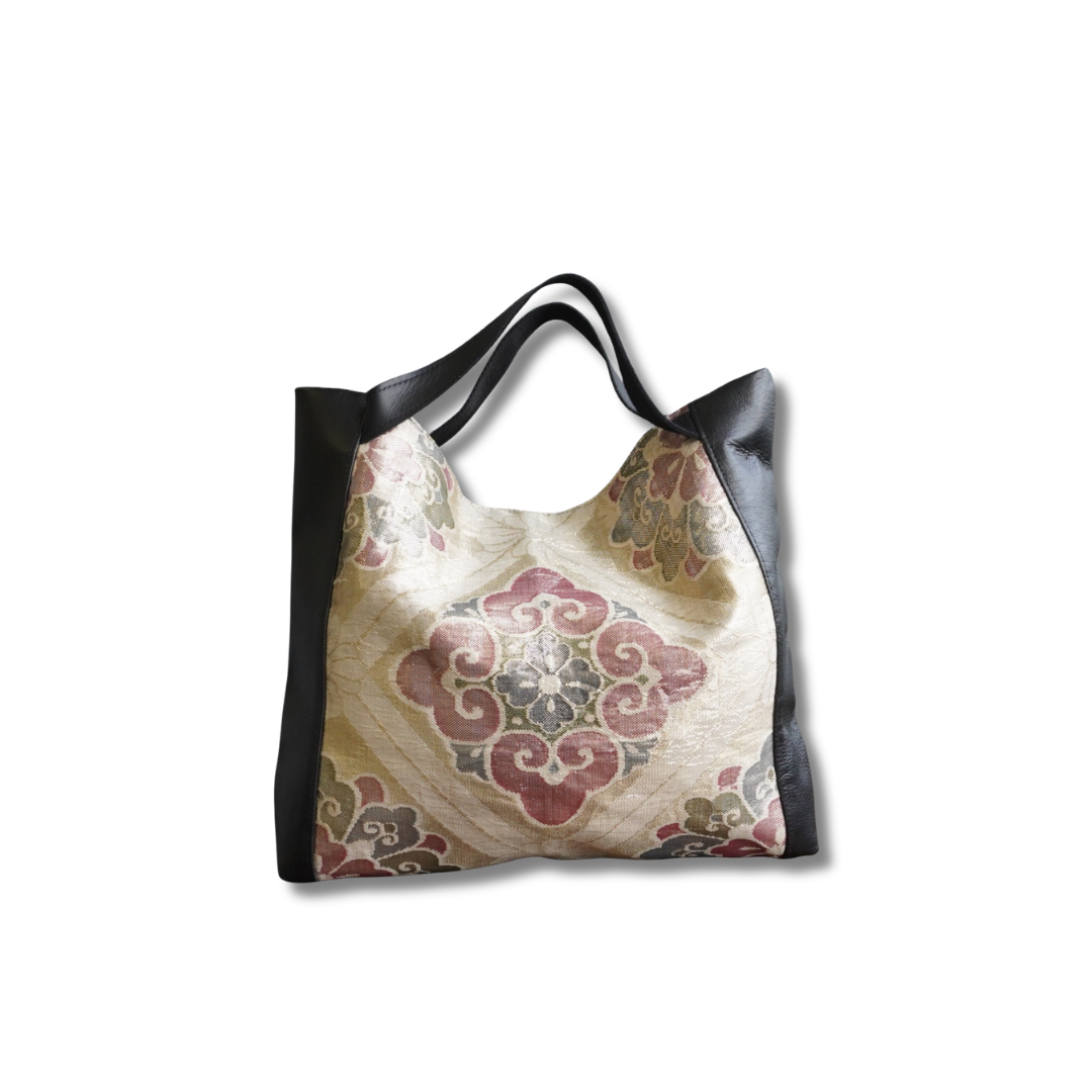 着物と本革使用　着物リメイクトートバッグ　レザーバッグ　K034