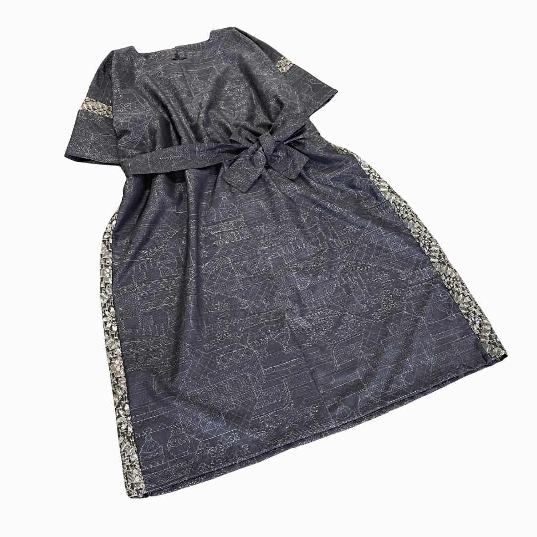 大島紬を使用した群青色のワンピース K188