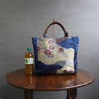 美しい蒼色の帯を使ったトートバッグ　アップサイクルバッグ　 K081