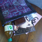 大島柄のプリント着物と本革レザートートバッグ　アップサイクルバッグ　K036