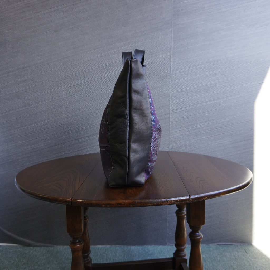 大島柄のプリント着物と本革レザートートバッグ　アップサイクルバッグ　K036