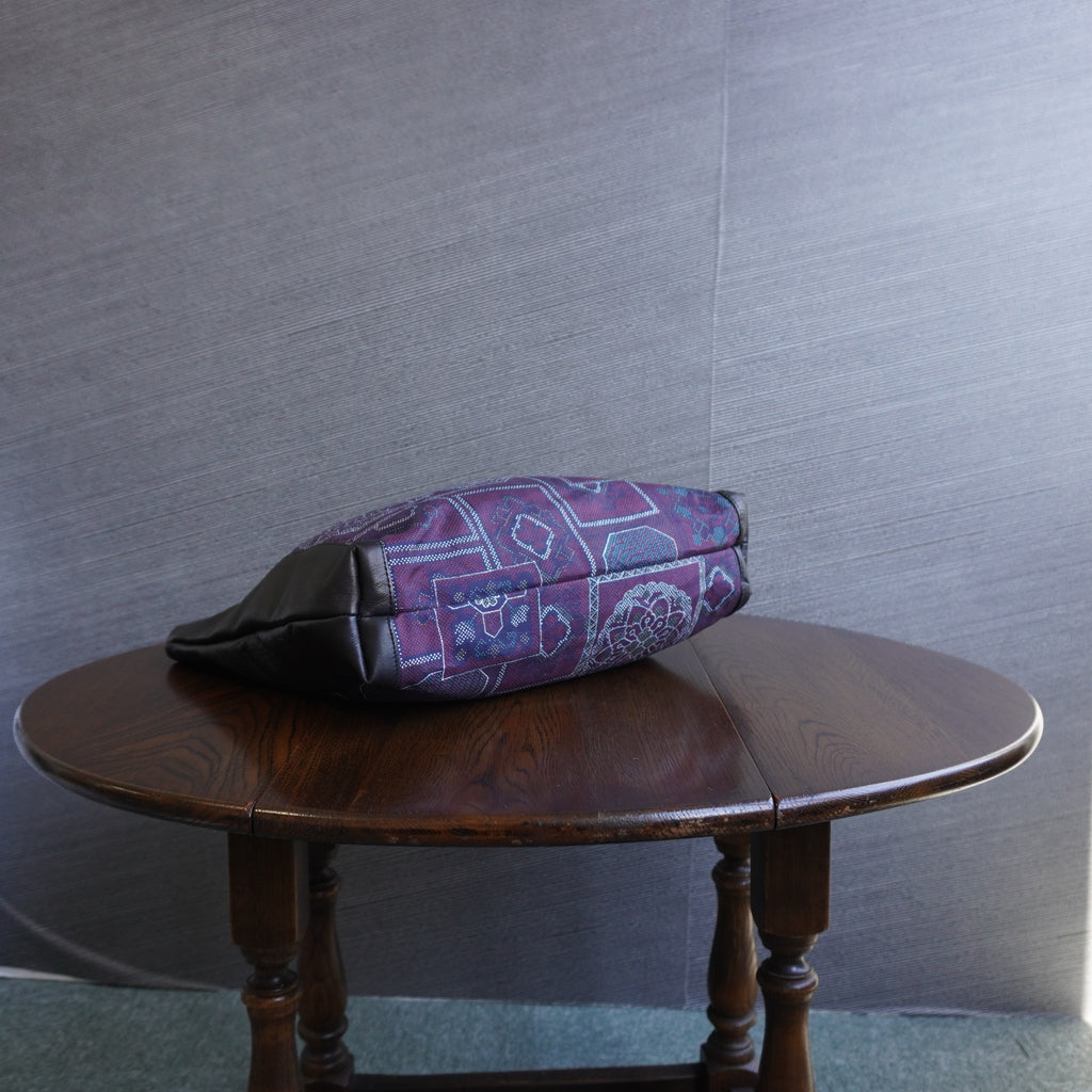 大島柄のプリント着物と本革レザートートバッグ　アップサイクルバッグ　K036