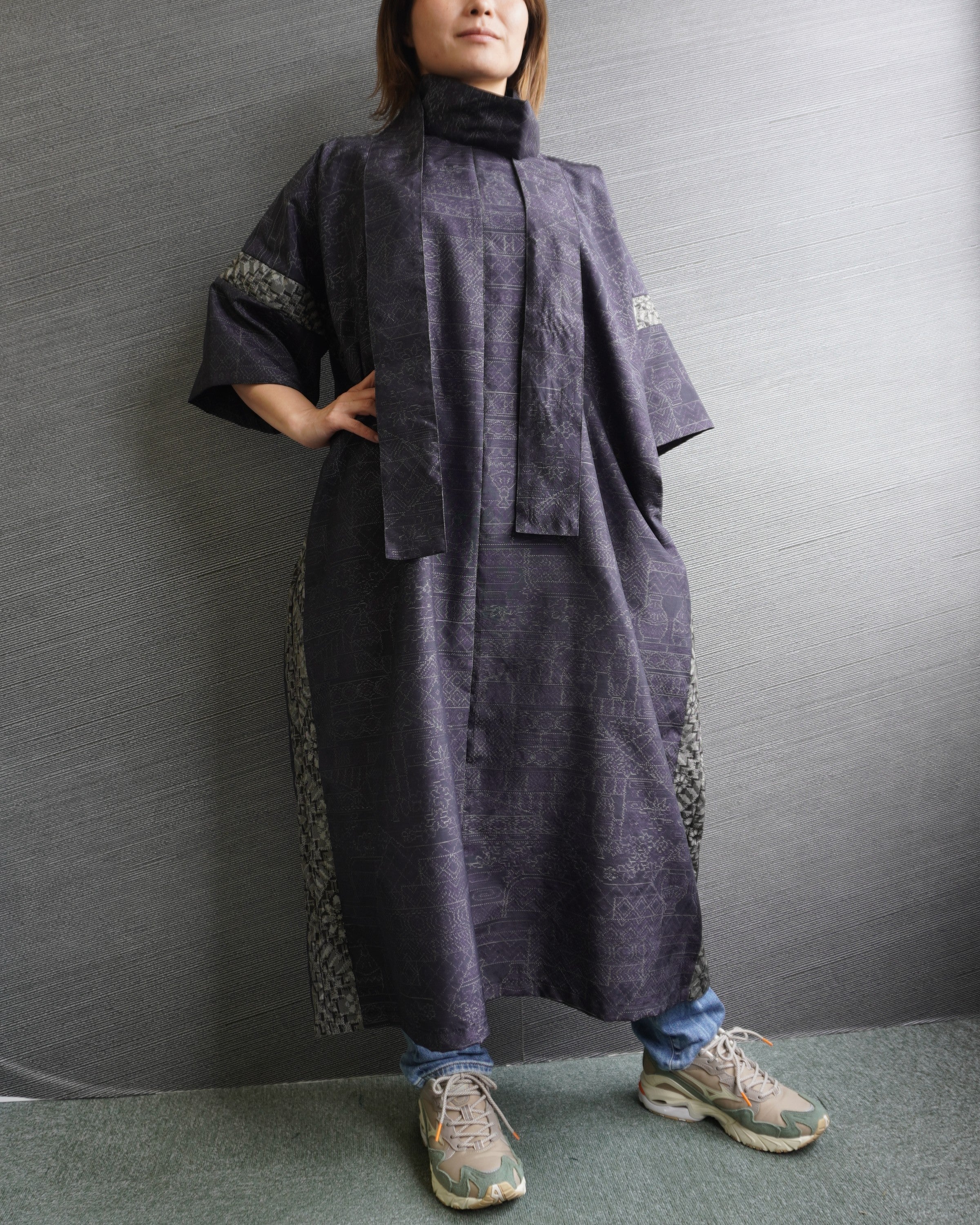 大島紬を使用した群青色のワンピース K188