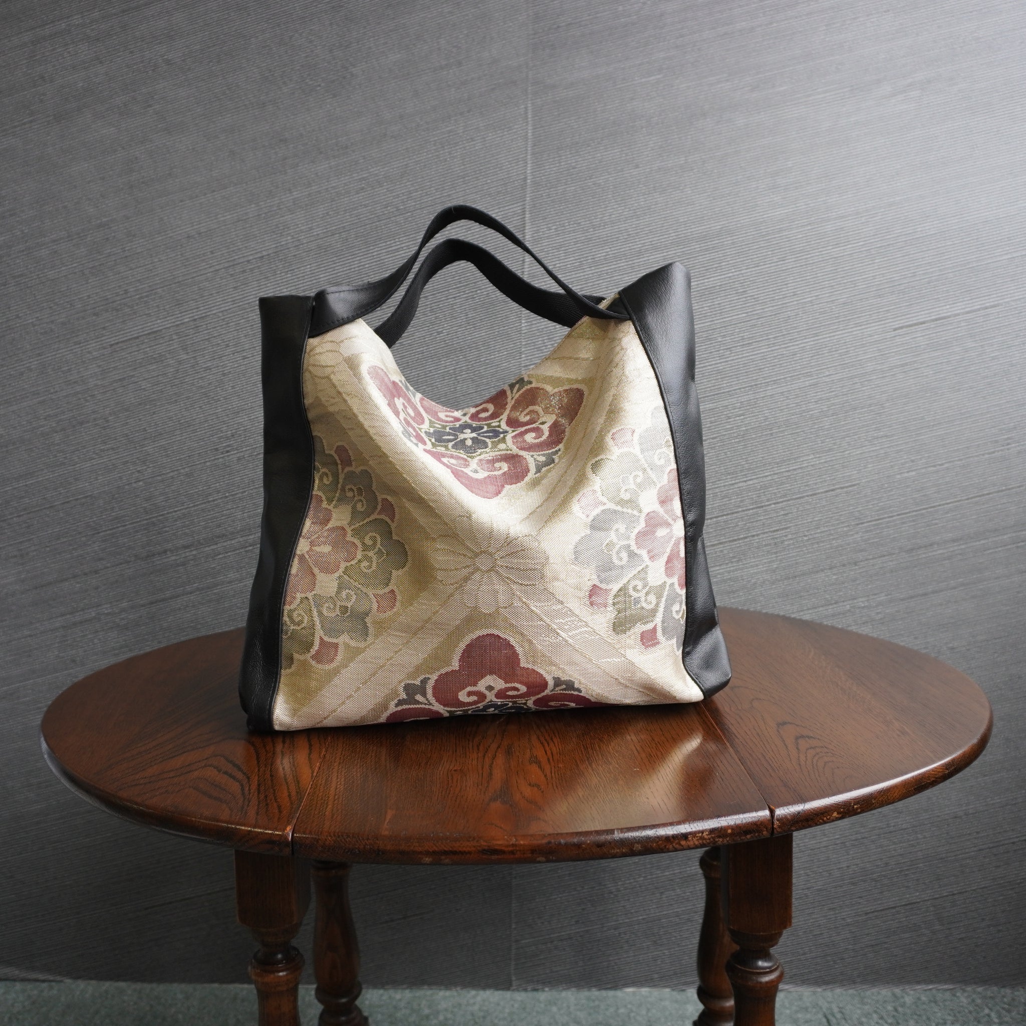 着物と本革使用　着物リメイクトートバッグ　レザーバッグ　K034