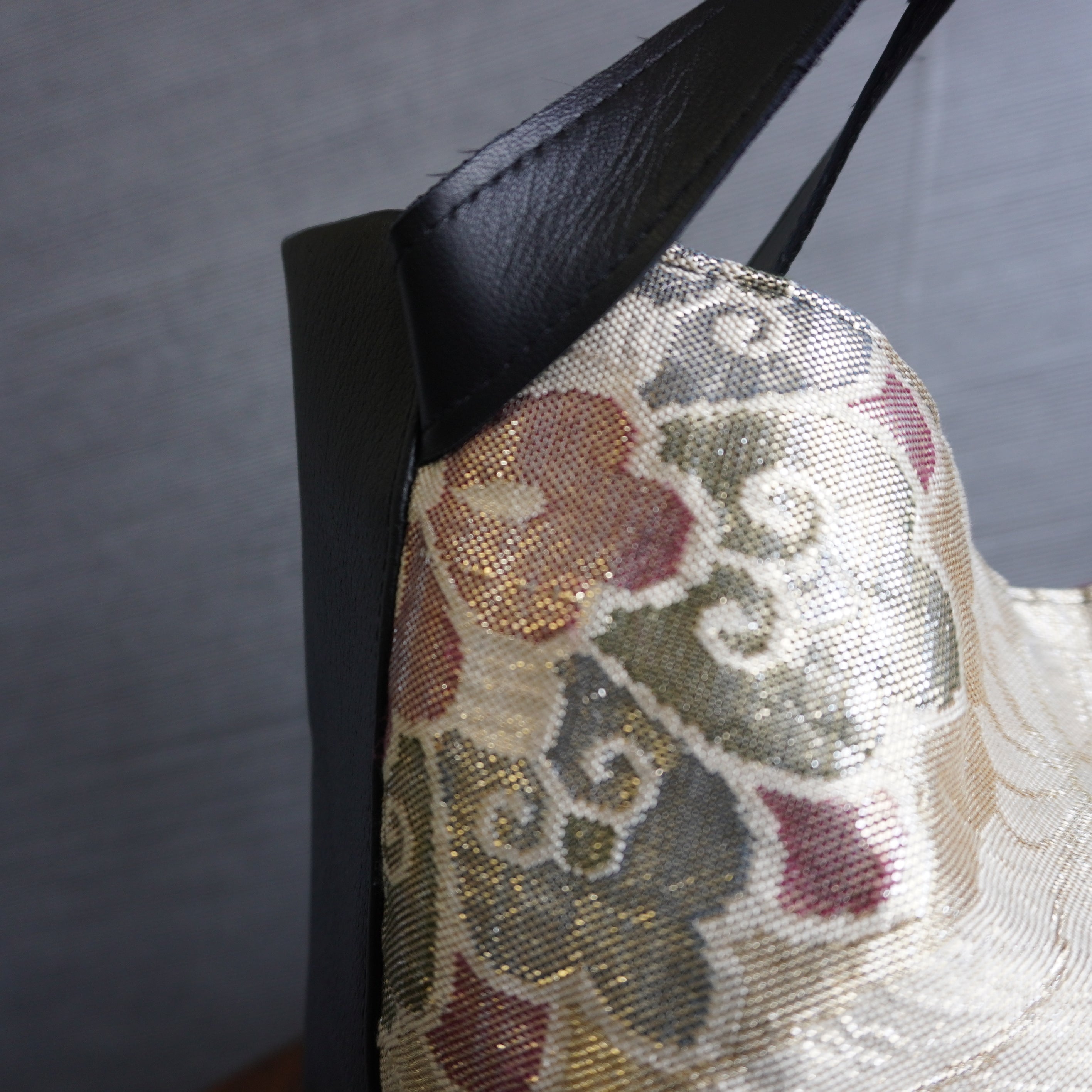 着物と本革使用　着物リメイクトートバッグ　レザーバッグ　K034