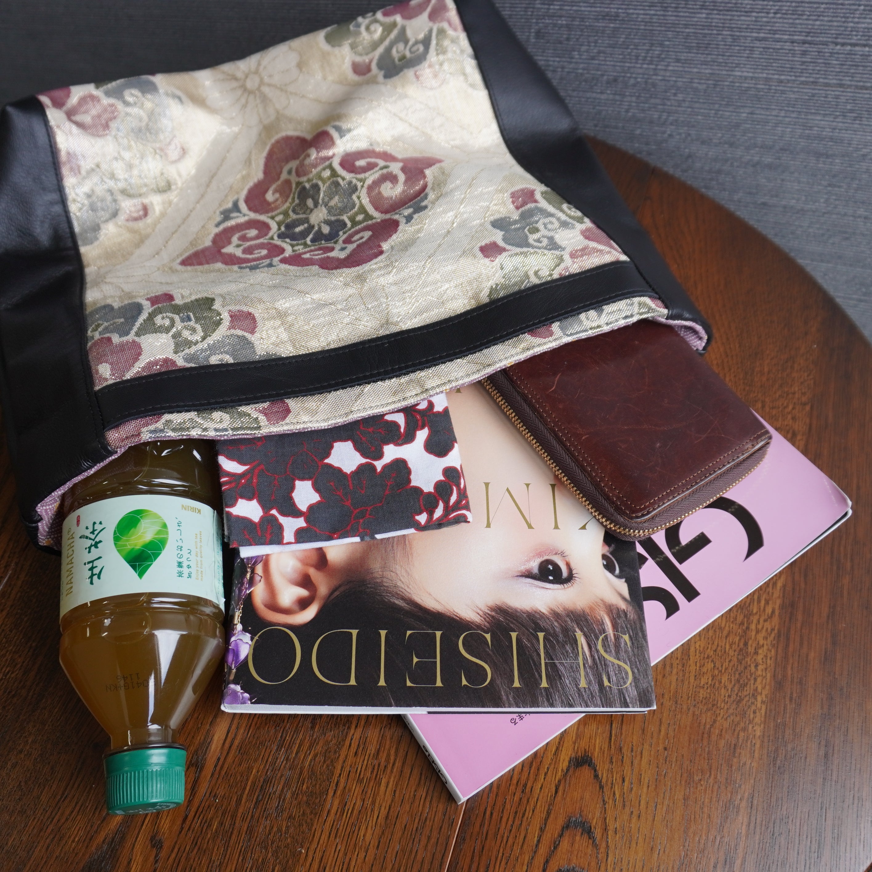 着物と本革使用　着物リメイクトートバッグ　レザーバッグ　K034