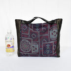 大島柄のプリント着物と本革レザートートバッグ　アップサイクルバッグ　K036