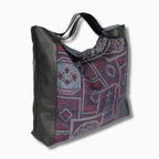 大島柄のプリント着物と本革レザートートバッグ　アップサイクルバッグ　K036