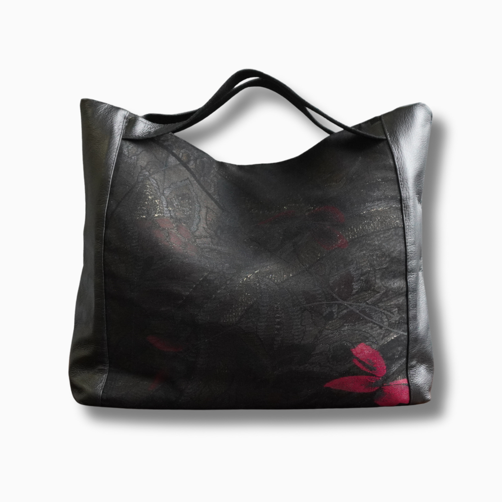 豪華な帯と紗の着物使用　レザートートバッグ　アップサイクルバッグ　K079